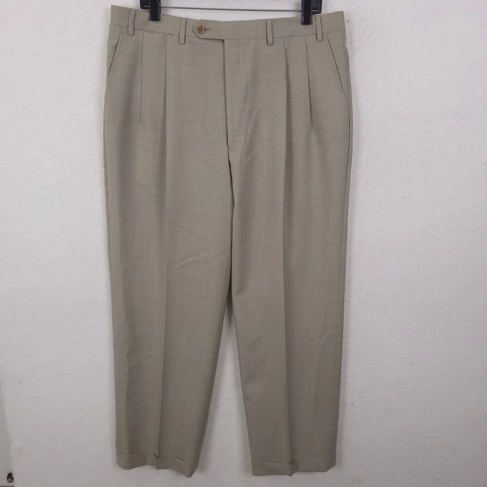 Canali Dress Pants Pleated Trousers Mens 36x28 Tan Wool Made in Italy Luxury
